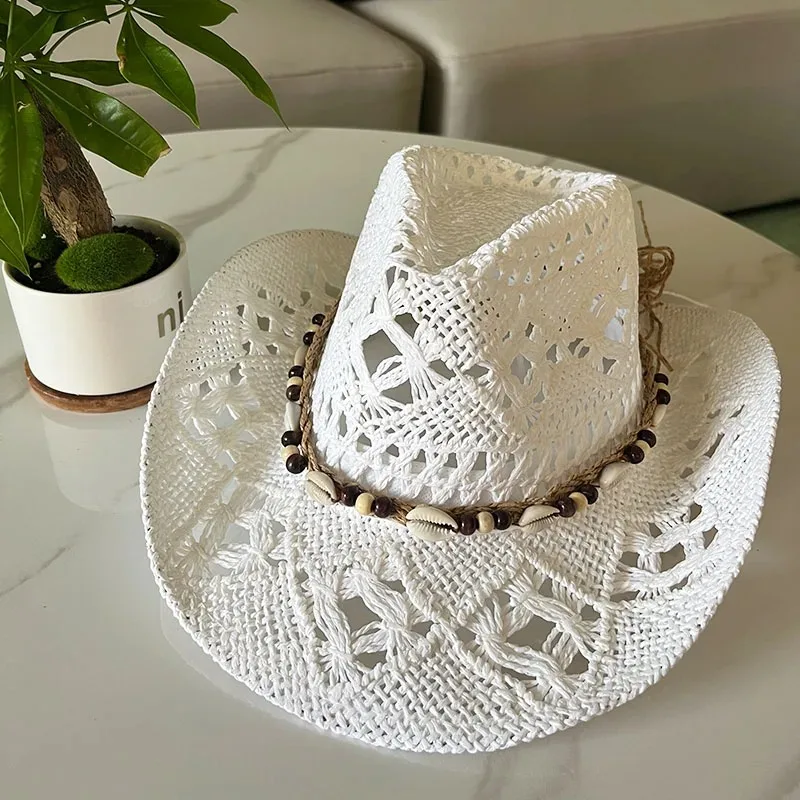 Sommer Böhmischen Shell Stroh Hut Strand Frauen Männer Cowboy Hüte Holz Perlen Aushöhlen Western Breite Krempe Sonnenhut Urlaub Kappe – Detail 9