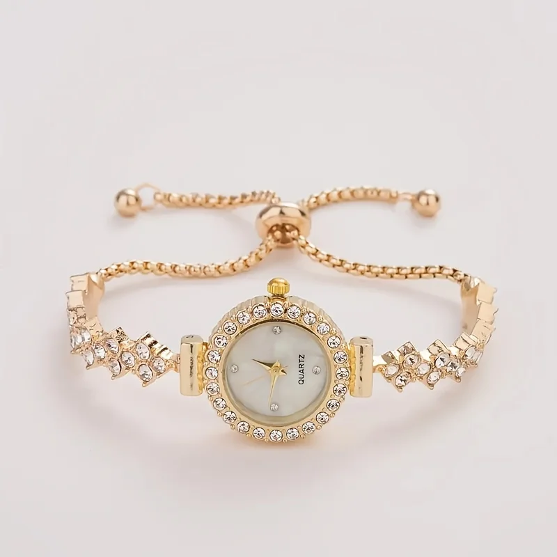 1 piece of elegant women's quartz watch, paired with luxurious rhinestone embellishment - gold simulated bracelet