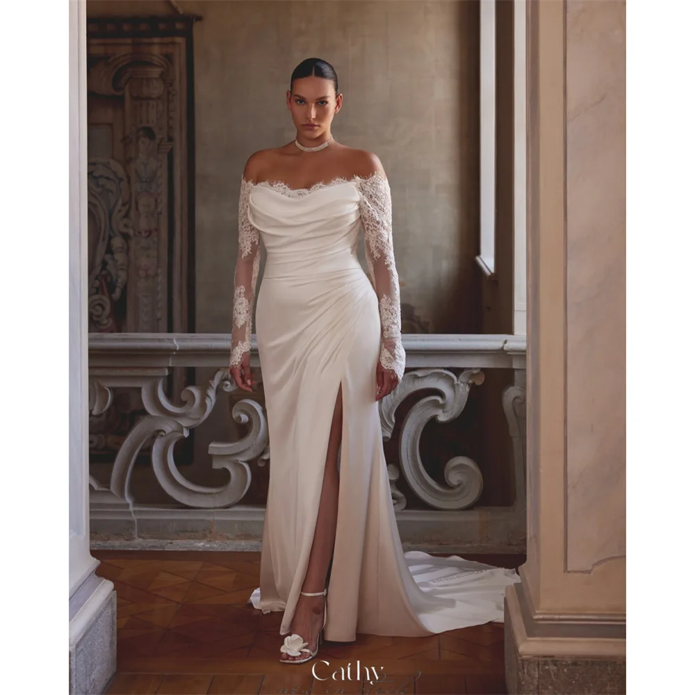 

Cathy Off Shoulder Lace Long Sleeves Wedding Dress White Mermaid Sweep Train vestidos de noiva Customized Side Slit Pleat Formal