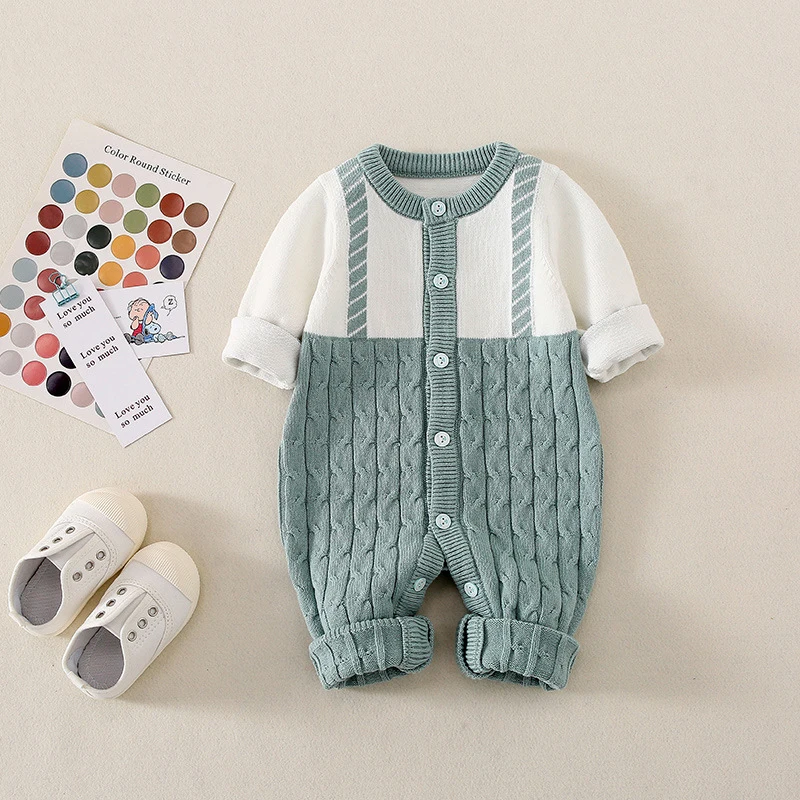 

New Winter Toddler Girls Romper Patchwork Knit Thicken Warm Newborn Boys Jumpsuits Kids Baby Girls Bodysuits Overalls Outwear