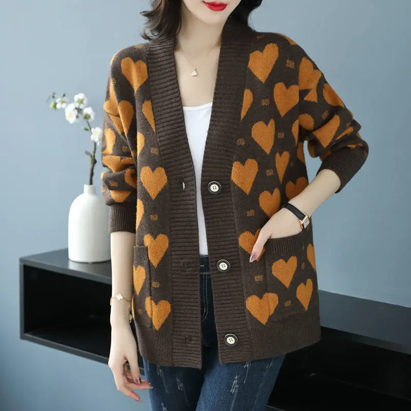 Autumn Winter Oversized sweater Cardigan Casual Korean printing Buttons V-neck Long sleeve knitting coat Ladies elegant top tee