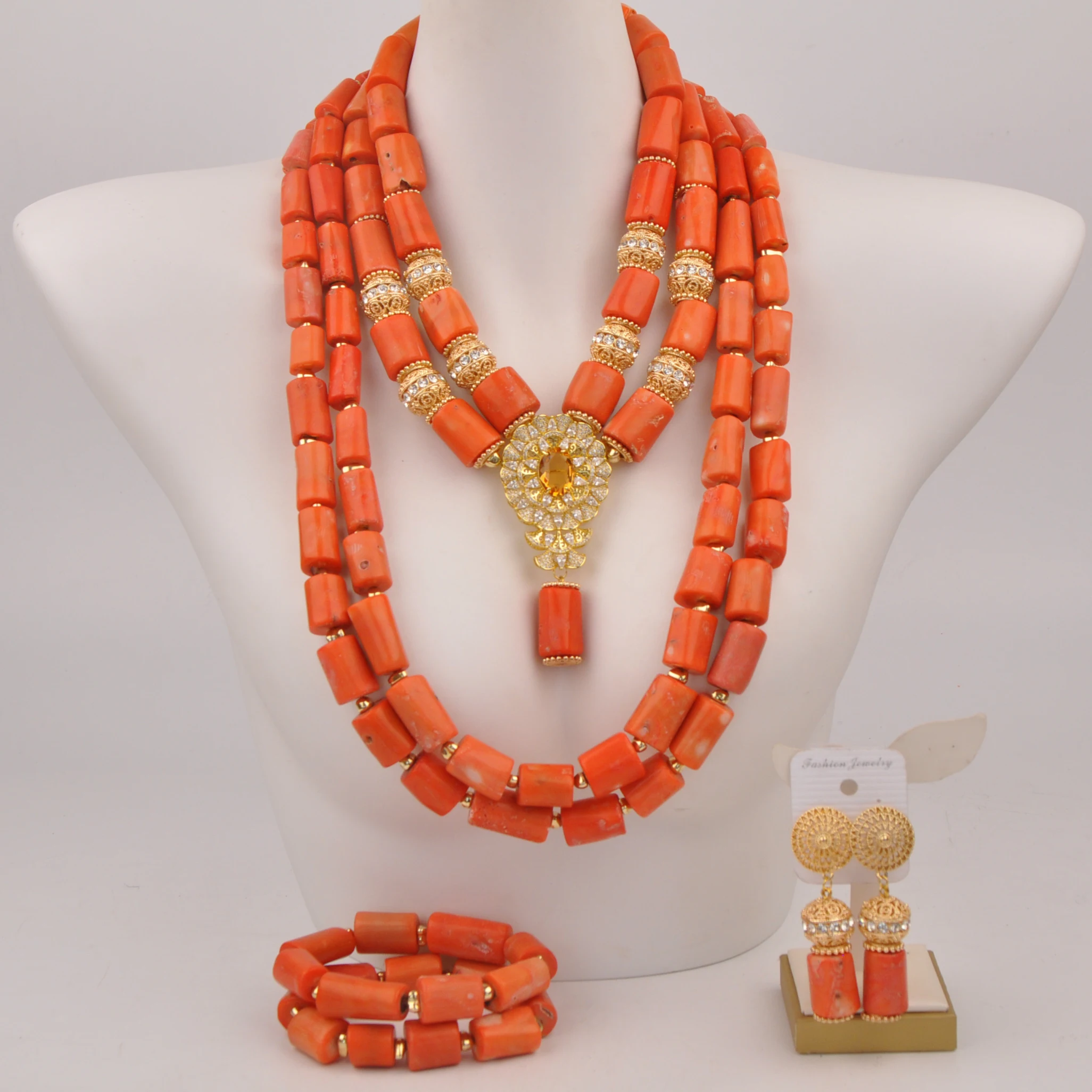 

Fashion Nigerian Wedding Necklace Orange Original Coral Bead Jewelry Sets