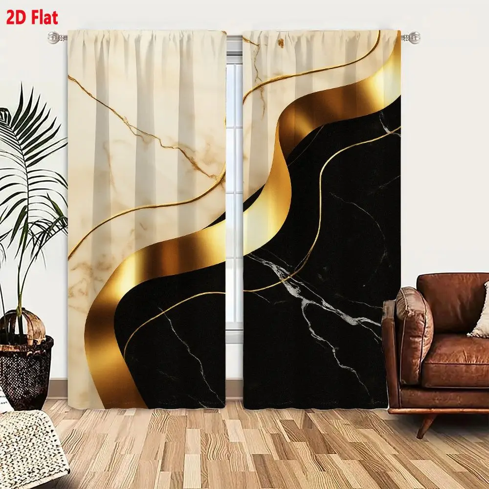 2Pcs Curtains 2D Flat Abstract Luxurious Gold Ribbon Flowing Over Creamy White And Deep Black Marble Textures Window Drapes for