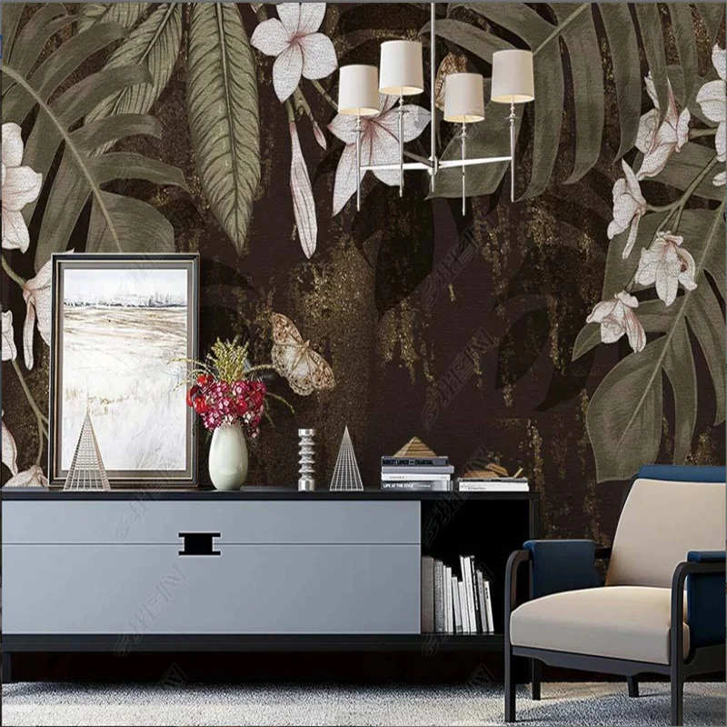 

Nordic ins hand-painted wall paper tropical forest plant and banana leaves wallpapers for living room background