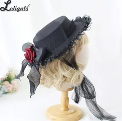 Retro Gothic Flat Hat Girl Lolita Lace Flower Rose Hat w. Ribbon