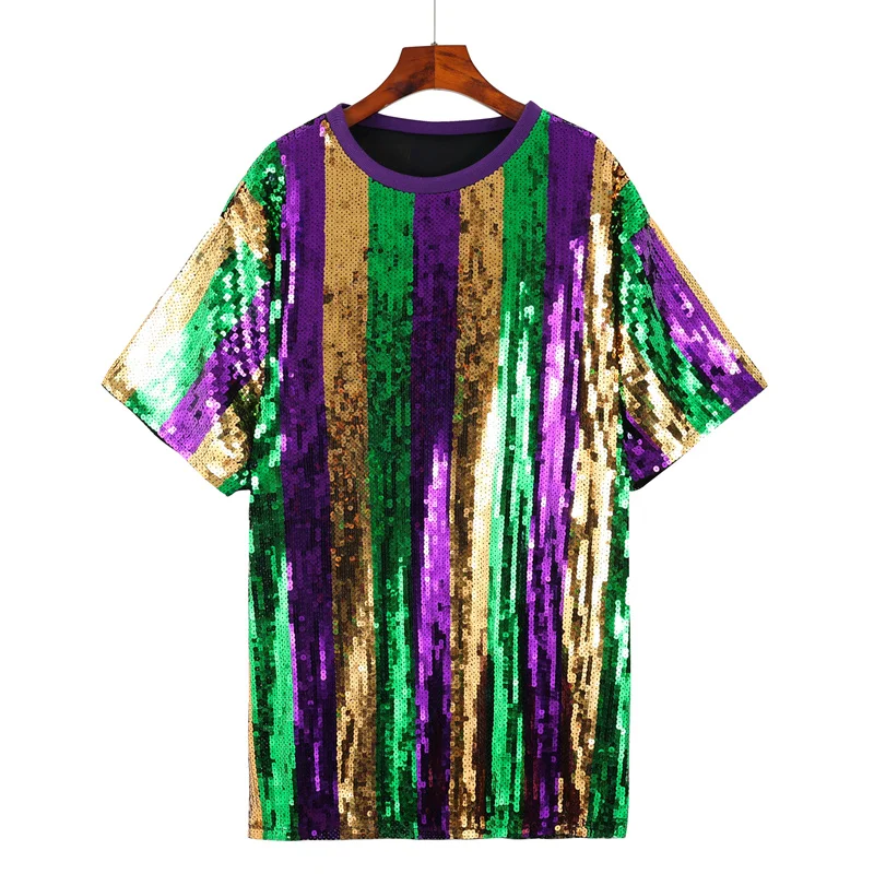 High Quality Streetwear Striped Patchwork Color Sequined Short Sleeve T-Shirt Summer New Round Neck Loose Hip Hop Women's Tops