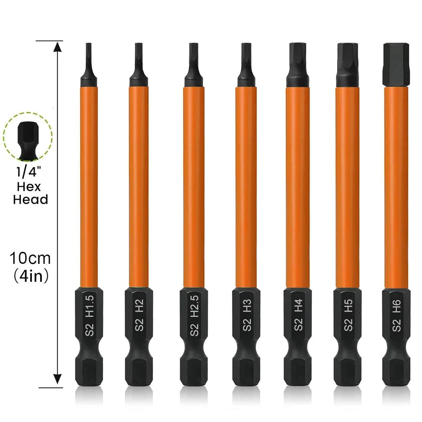 

7Pcs 4inch 100mm Long Hex Head Allen Wrench Drill Bit Set S2 Steel Metric H1.5,H2,H2.5,H3,H4,H5,H6 Hex Bit Set Screwdriver Bit