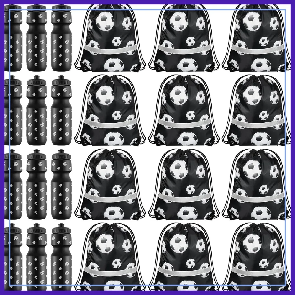 

24 Pcs Soccer Party Favors: 12 Squeeze Water Bottles & 12 Drawstring Bags for Sports Birthday