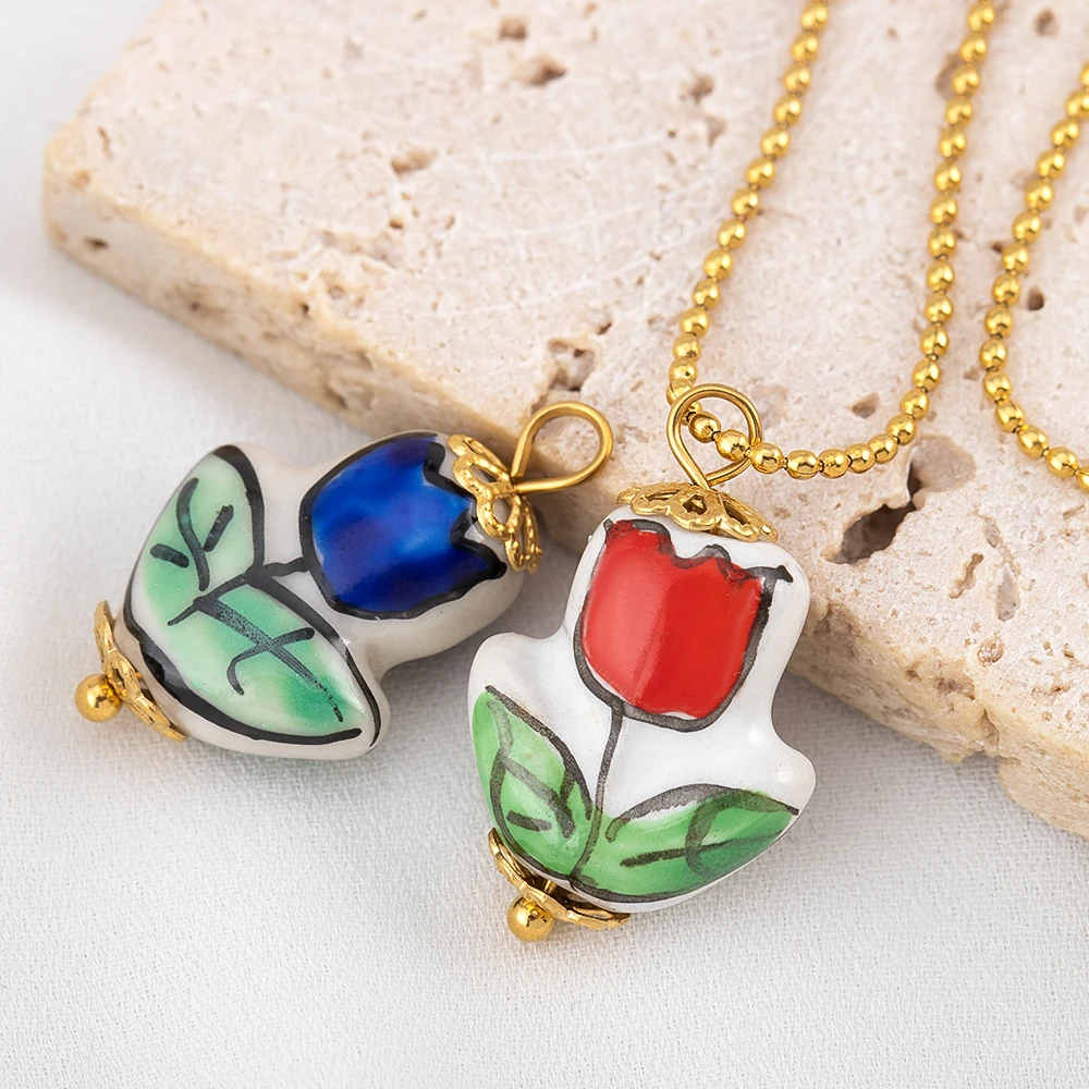 2 قطعة المعلقات زهرة السيراميك رسمت الفولاذ المقاوم للصدأ سحر ملون DIY بها بنفسك صنع المجوهرات أساور القرط اكسسوارات الحرف #3