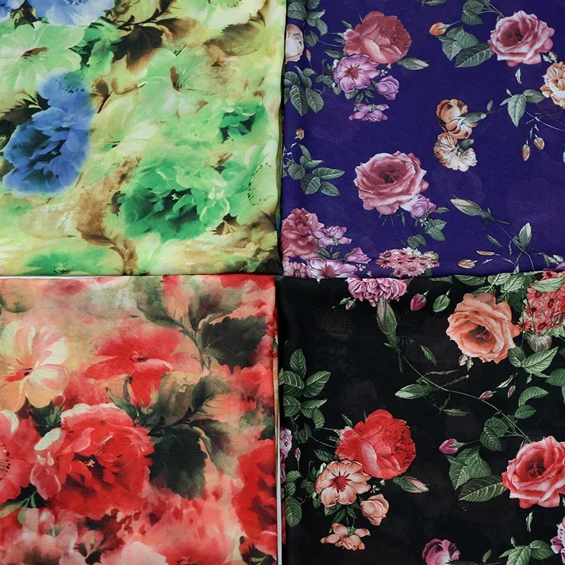 New Floral Chiffon Fabric Summer Fashion Peach-Skin Quality Scarf Dress Craft DIY Material 1 Yard