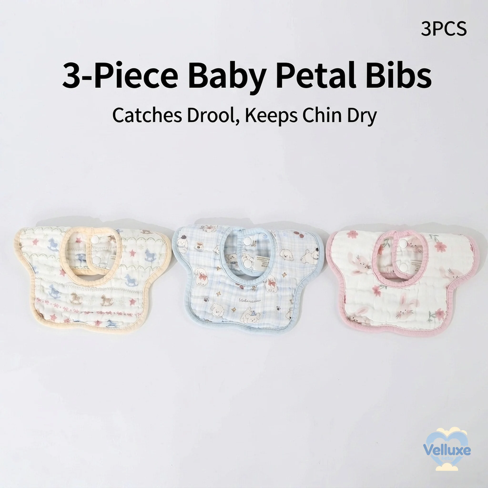 3Pcs Baby Petal Drool Bibs Set,8-Layer 100% Cotton Muslin,Class A Safe,360° Rotatable Snap Bibs for 0-24M Infant Feeding & Drool