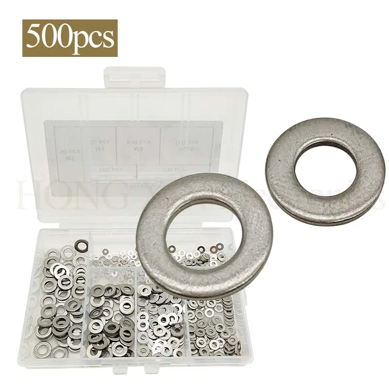 500pcs 304Stainless Steel Washer, Flat Washers Assortment Set, Sizes Include M1.6 M2 M2.5 M3 M4 M5 with Plastic Box