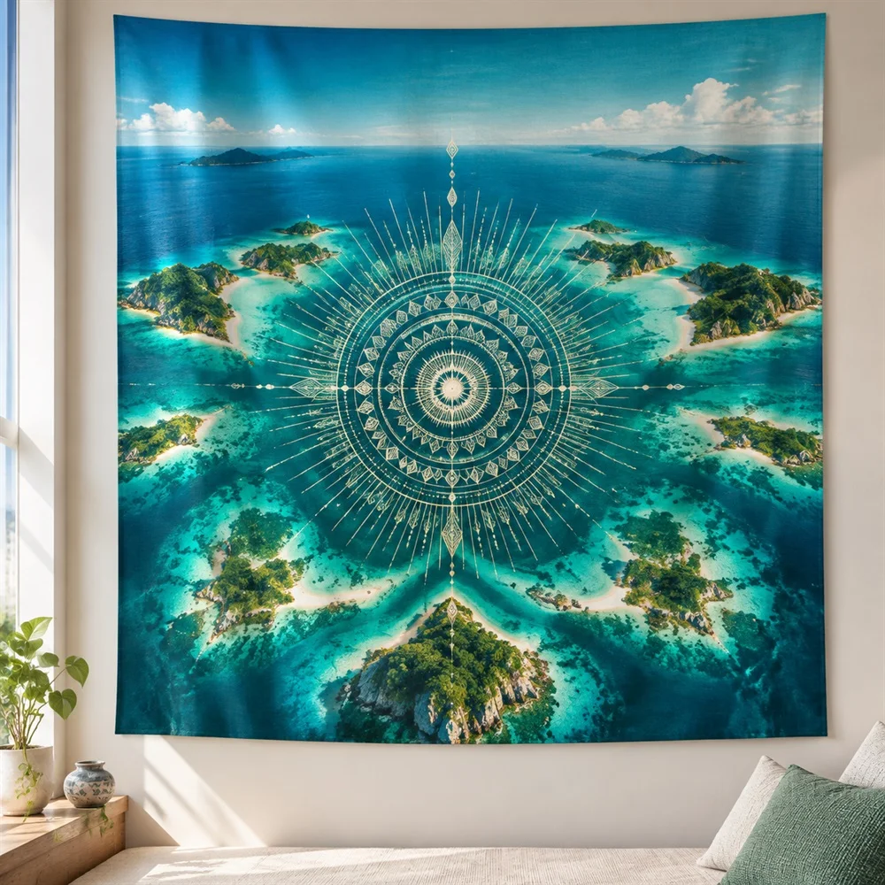 VIKAMA Aerial Islands Tapestry Wall Hanging, Tropical Aesthetic Room Decor Wall Art Tapestries for Living Room Bedroom Bathroom