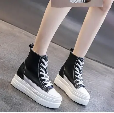 8CM Echtes Leder High Top Mode Atmungsaktive Casual Dicken Boden Frauen Schuhe Winter Plüsch Plattform Runde Kappe frauen Schuhe