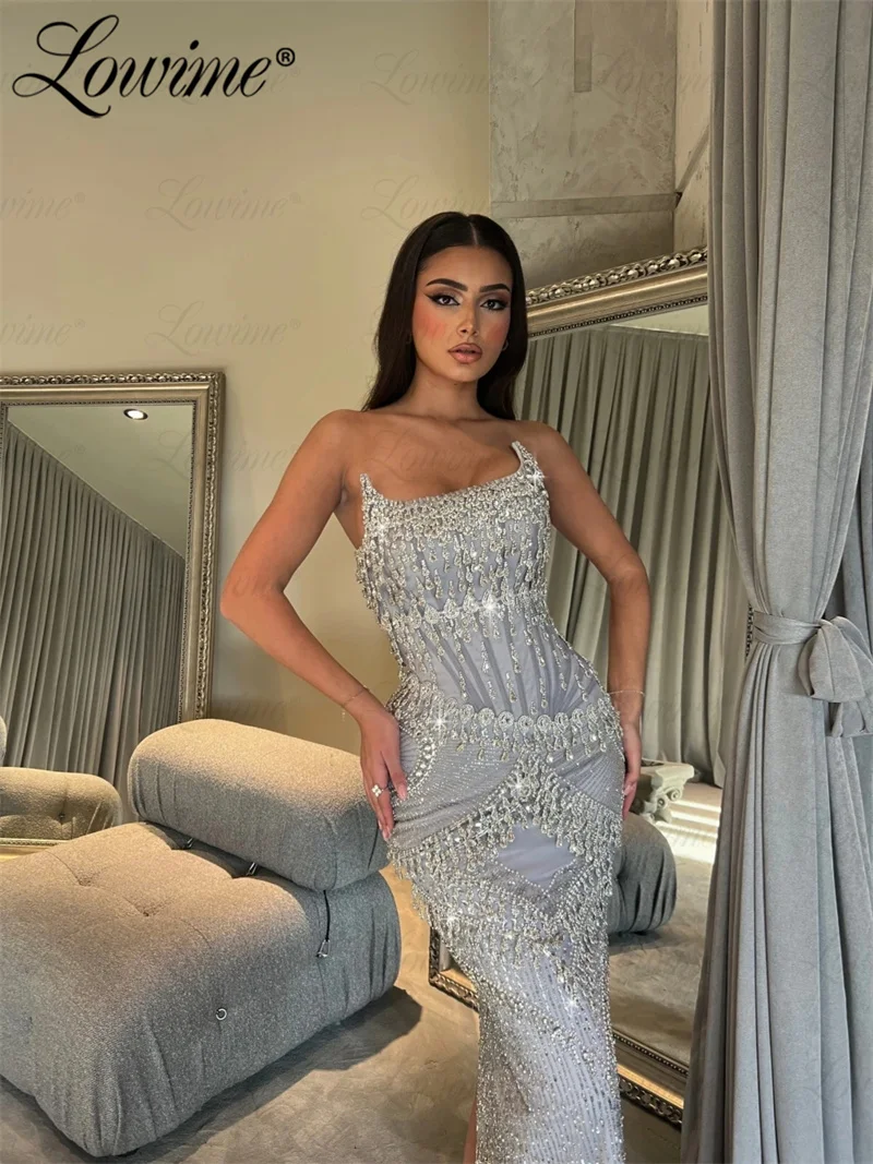 Luxury Silver Celebrity Dresses Strapless Crystal Mermaid Prom Dress Arabic Customized Evening Gowns Beaded Wedding Party Dress