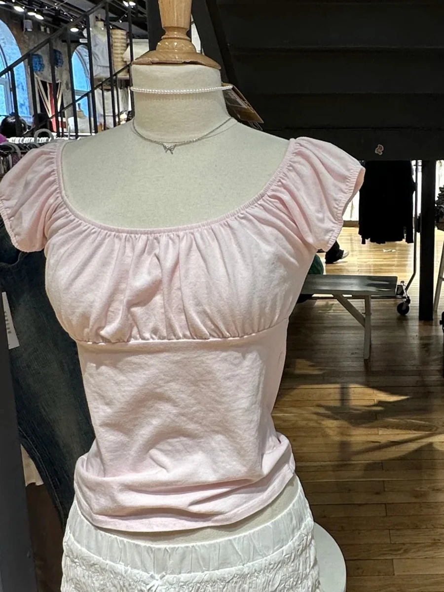 

Розовая хлопковая тонкая футболка с коротким рукавом, женская летняя новая футболка с овальным вырезом и складками, футболки с пышными рукавами, милые повседневные простые топы, футболки