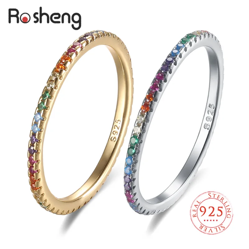 14 Colors Rainbow Ring Sterling Silver 925 Colorful CZ Stone Thin Finger Rings Stackable for Women Gold Color Plated Jewelry #12