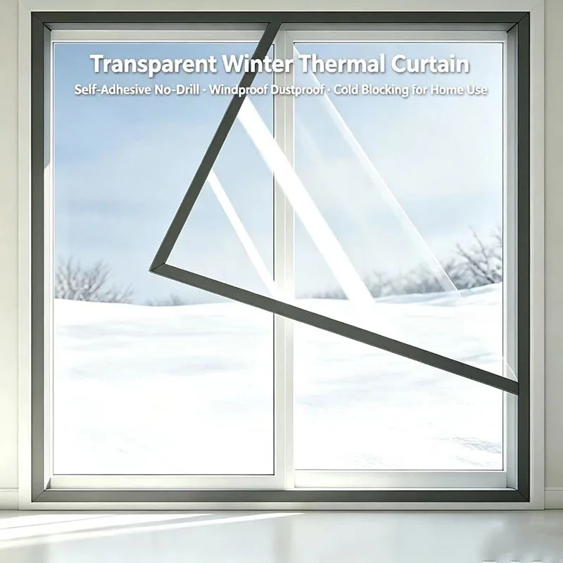 Transparent Winter Thermal Curtain, Self‑Adhesive No‑Drill Easy Install, Windproof Dust‑Resistant Cold‑Blocking for Home Use