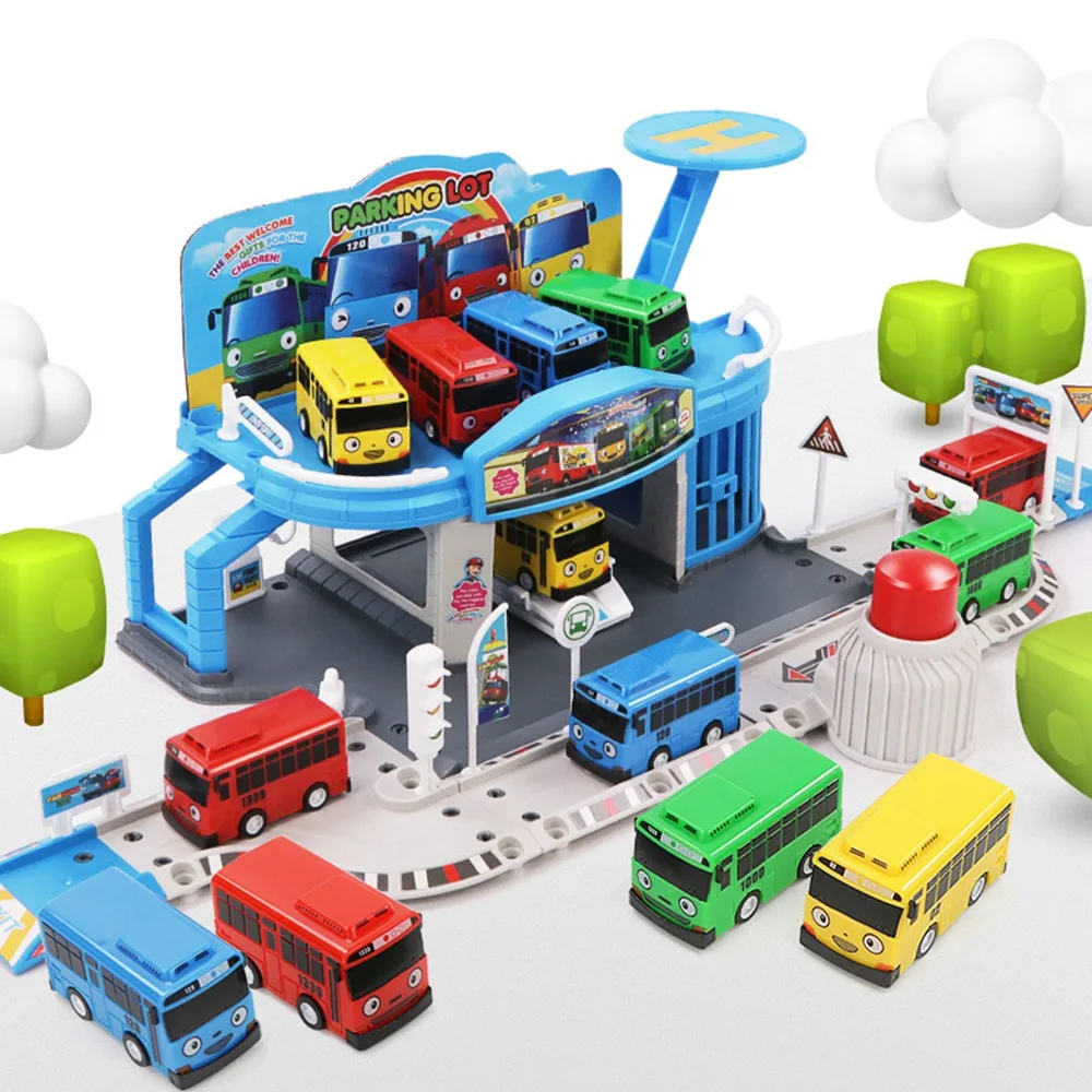 Cartoons Tayo the Little Bus Set Assembled Bus Station Parking Lot Car Runway Model with 2 Mini Tayo Bus