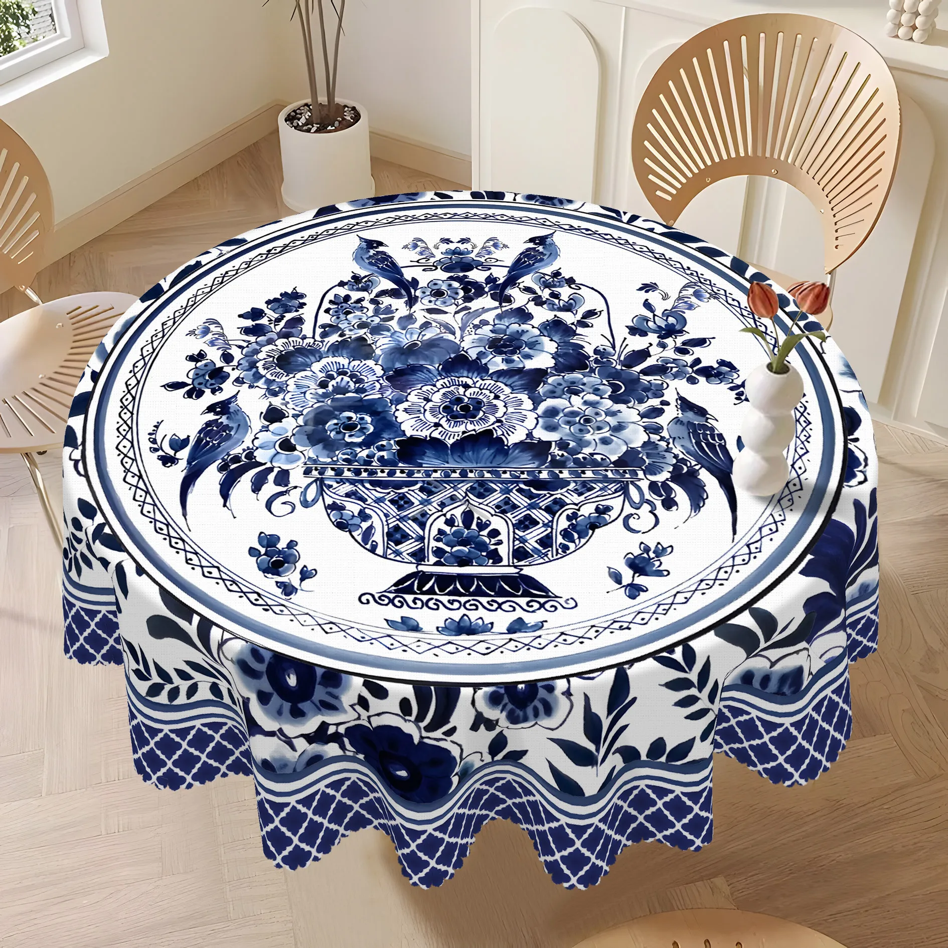 Blue and white floral printed tablecloth, available in round or rectangular shape, with classic Chinese ceramic style design