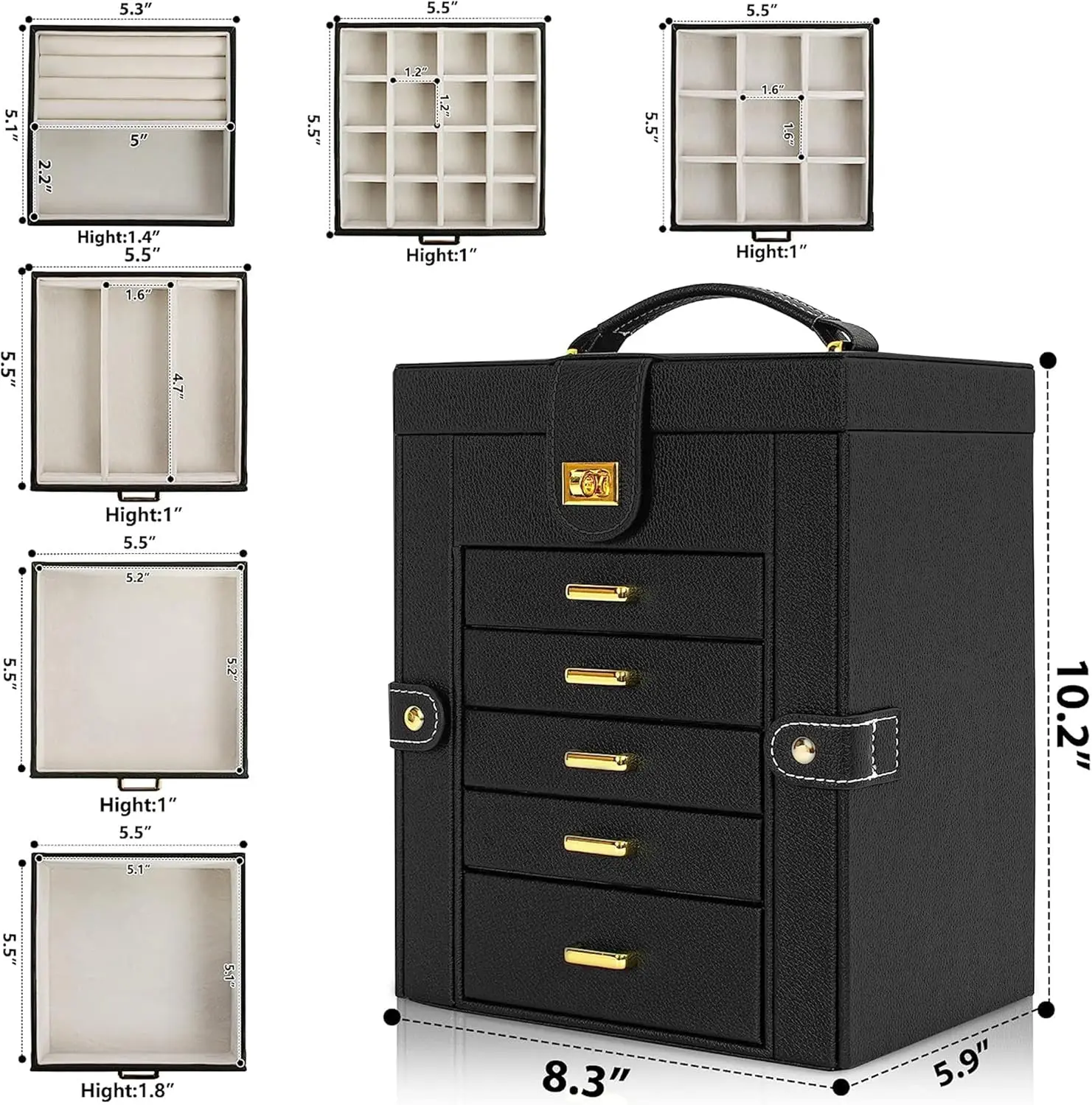 Large 6-Tier Jewelry Box Lockable Leather Jewelry Storage Case with 5 Drawers for Women Girls Ring Necklace Earring Bracelet