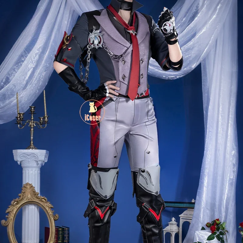 Wriothesley Costume Cosplay Parrucca Genshin Impact Uniforme Fontaine Fortezza di Meropide Orecchini Anello Festa di Halloween per Donne Uomini