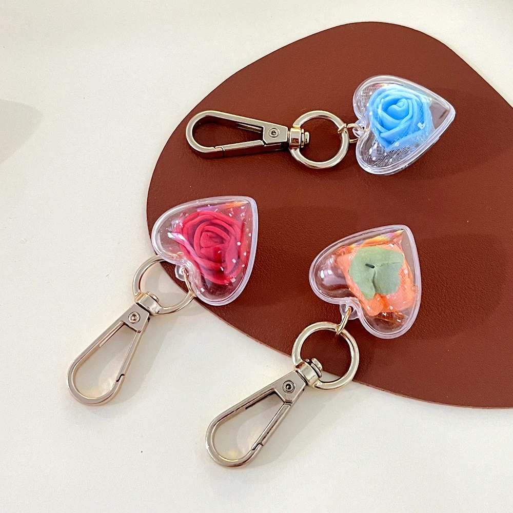 Sweet Rose Keychain Purse Handbag Decor Love Heart Pendant Eternal Flower Keyrings For Women Valentine Day Gifts