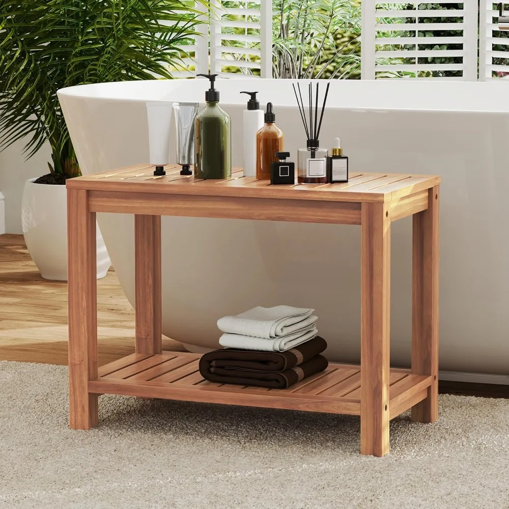 Banco de chuveiro de teca com prateleira, banco de chuveiro de 24 polegadas com assento de ripas para idosos,