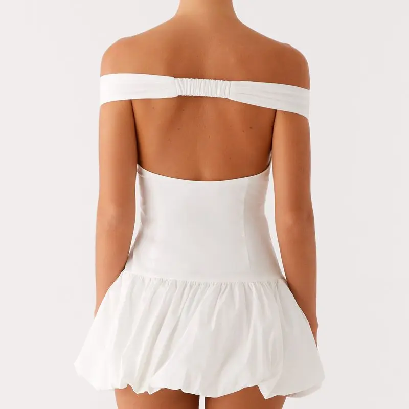 Combhasaki Women Summer Solid Color/Polka Dot Slash Neck Off Shoulder Backless Cutout Pleated Puffball Hem Short A-line Dress