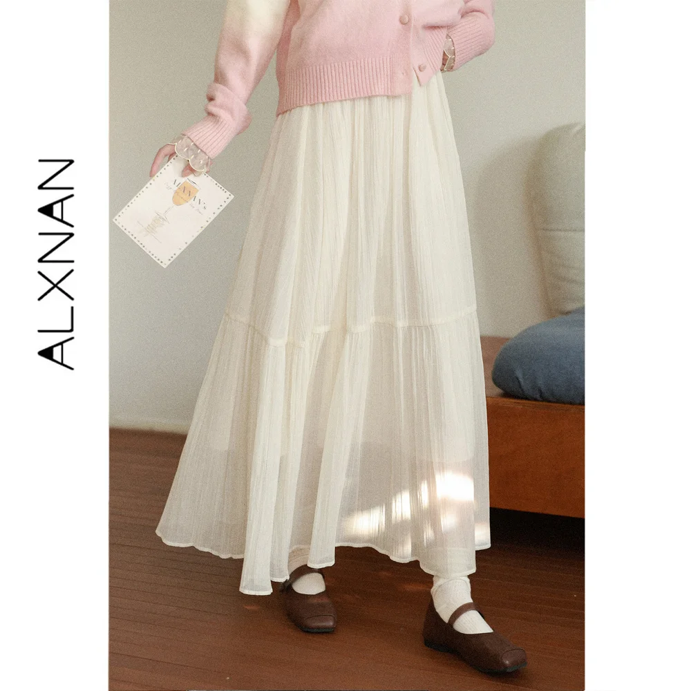 ALXNAN Women's Apricot Chiffon High Waist A-Line Midi Skirt Slimming Versatile Commuter Minimalist Autumn 2026 L68665