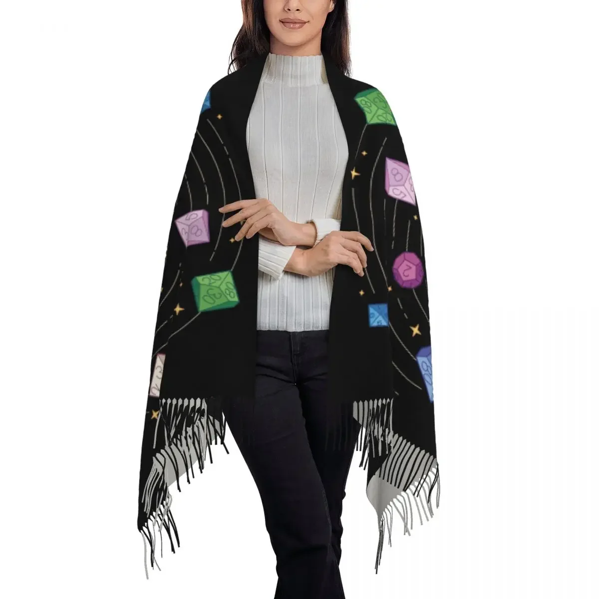 Fashion Dice Fantasy Dragons DnD Game Tassel Scarf Women Winter Warm Shawl Wrap Female Scarves