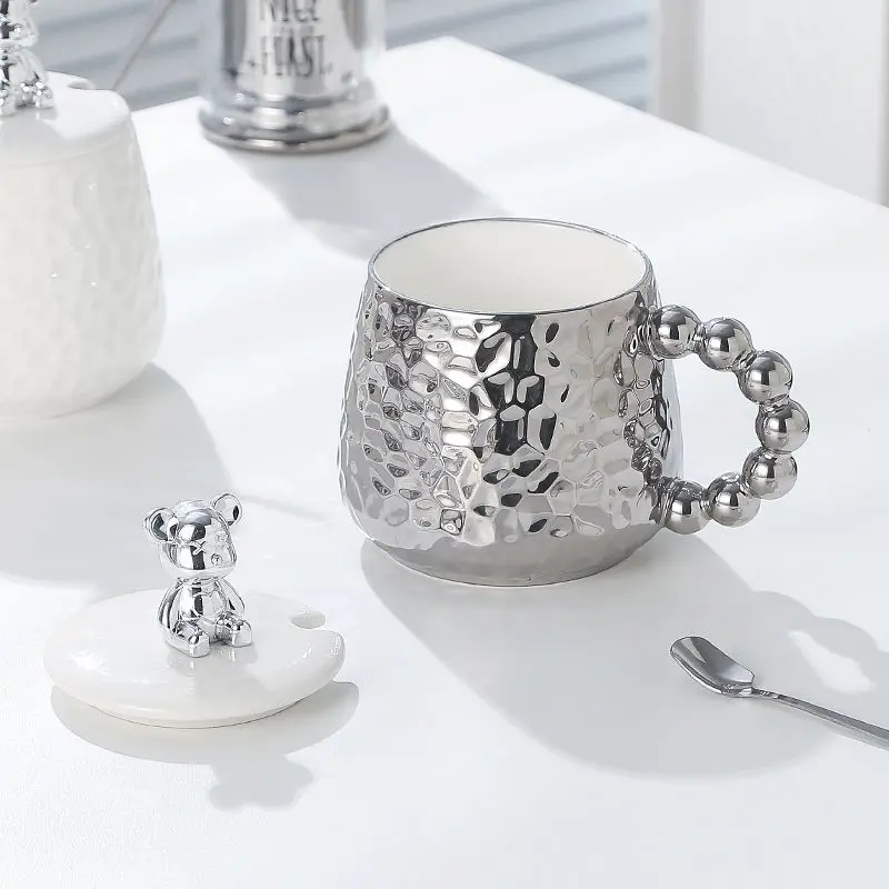 European Style Couple Ceramic Coffee Cup Galvanized Silver Bear Mug Gift Office Teacup Living Room Breakfast Mug Home Decoration