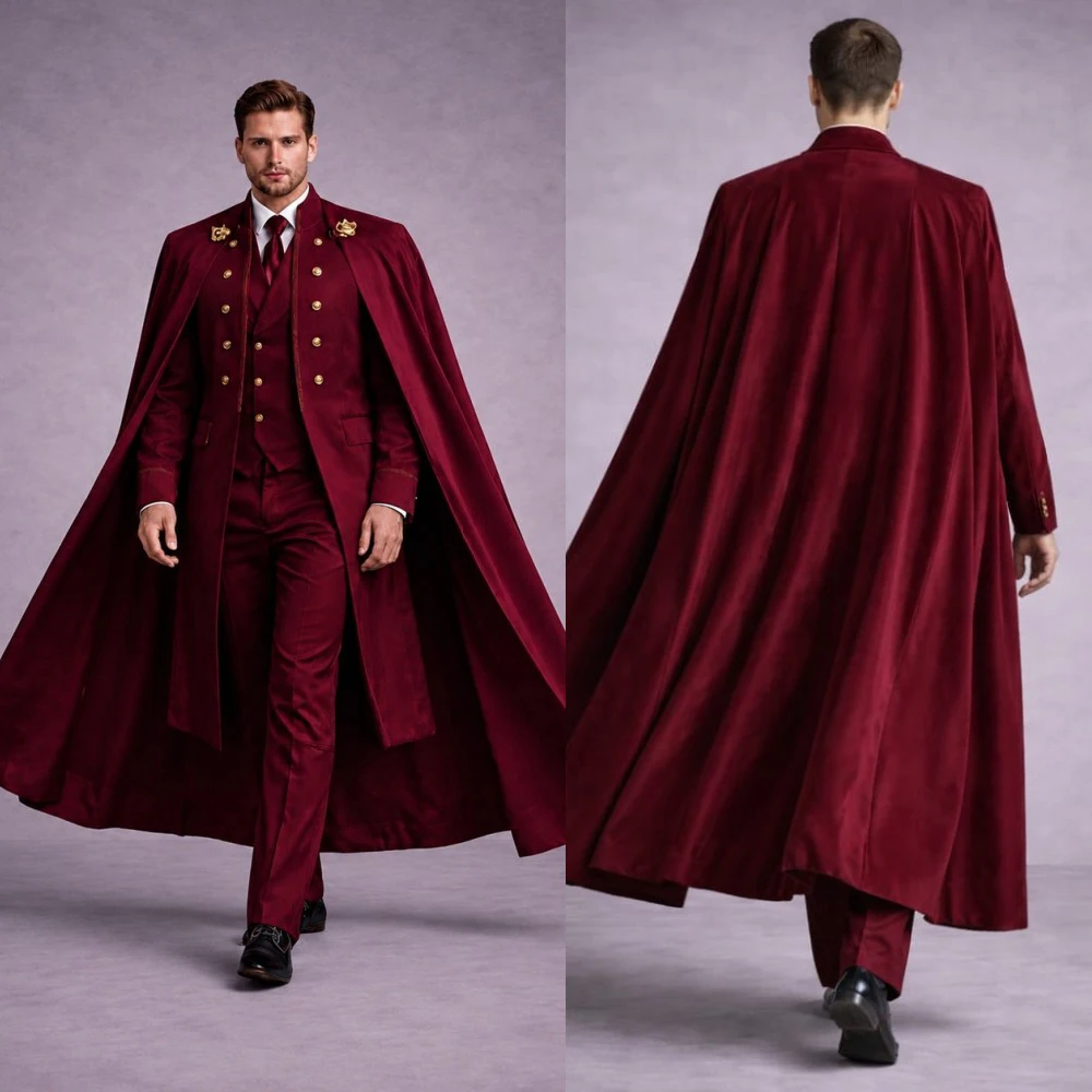 Luxury Burgundy Velvet Suit with Long Cape and Gold Emblem Men Gala Party Tuxedo Set Customized M266852