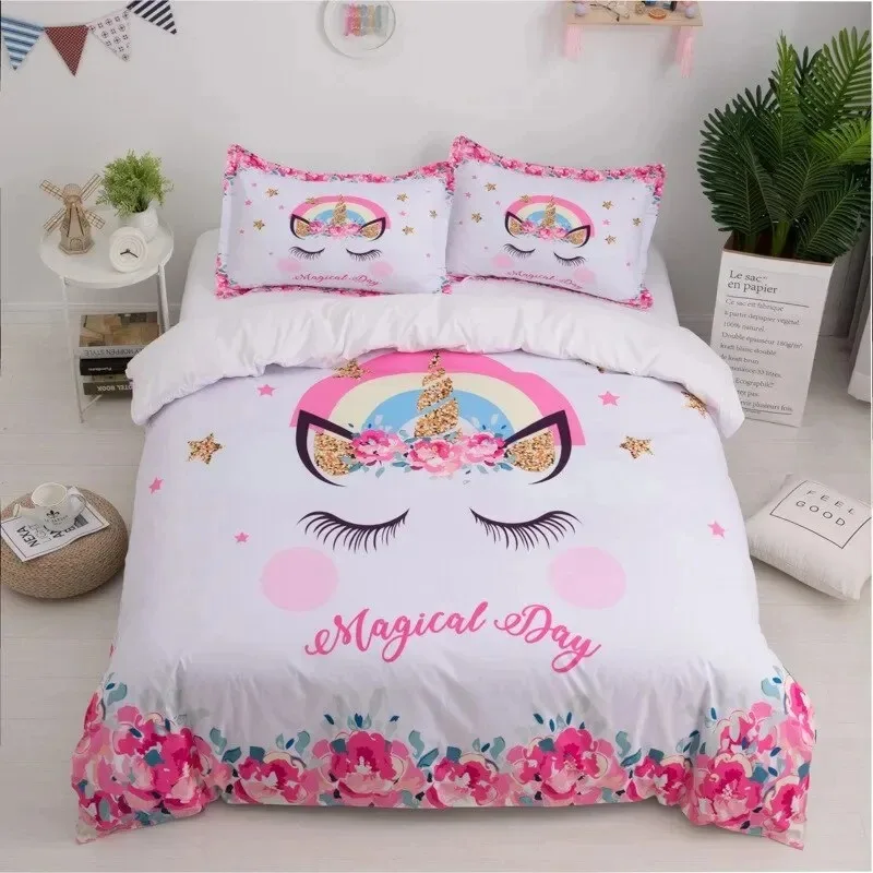 

Children Bedding Set Single Bedding and Bed Sets Home Textile Unicorn Cartoon Lovely Kids Duvet Cover Set King Queen Full Twin