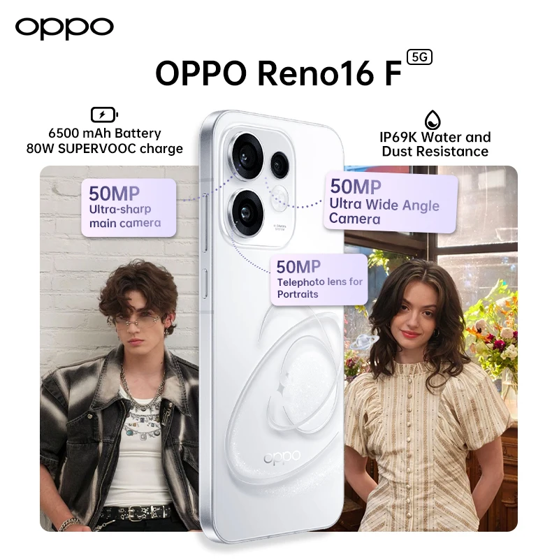 Smartphone OPPO Reno16 F 5G 8 GB + 256 GB 50 MP ultragroothoek-selfiecamera EU-versie OnePlus AI Remix Collage ColorOS 16.0 6500 mAh