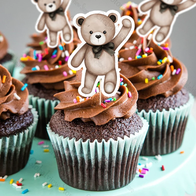 10 Stück Teddybär-Cupcake-Picks, Topper, niedlicher brauner Baby-Bär, Kuchendekoration, Babyparty, Geburtstagskuchen-Dekoration – Detail 5