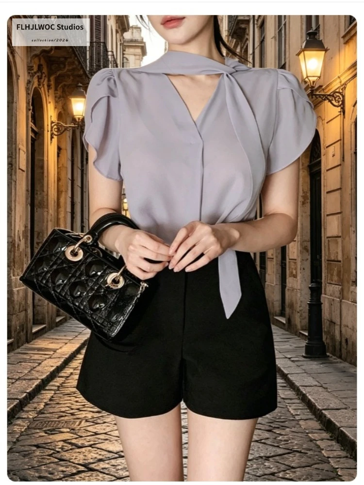 Chic Korea Fashion Tops Blouses 2026 Women Summer Office Lady Show Elegant Pink Gray Sexy Transparent Basic Shirts