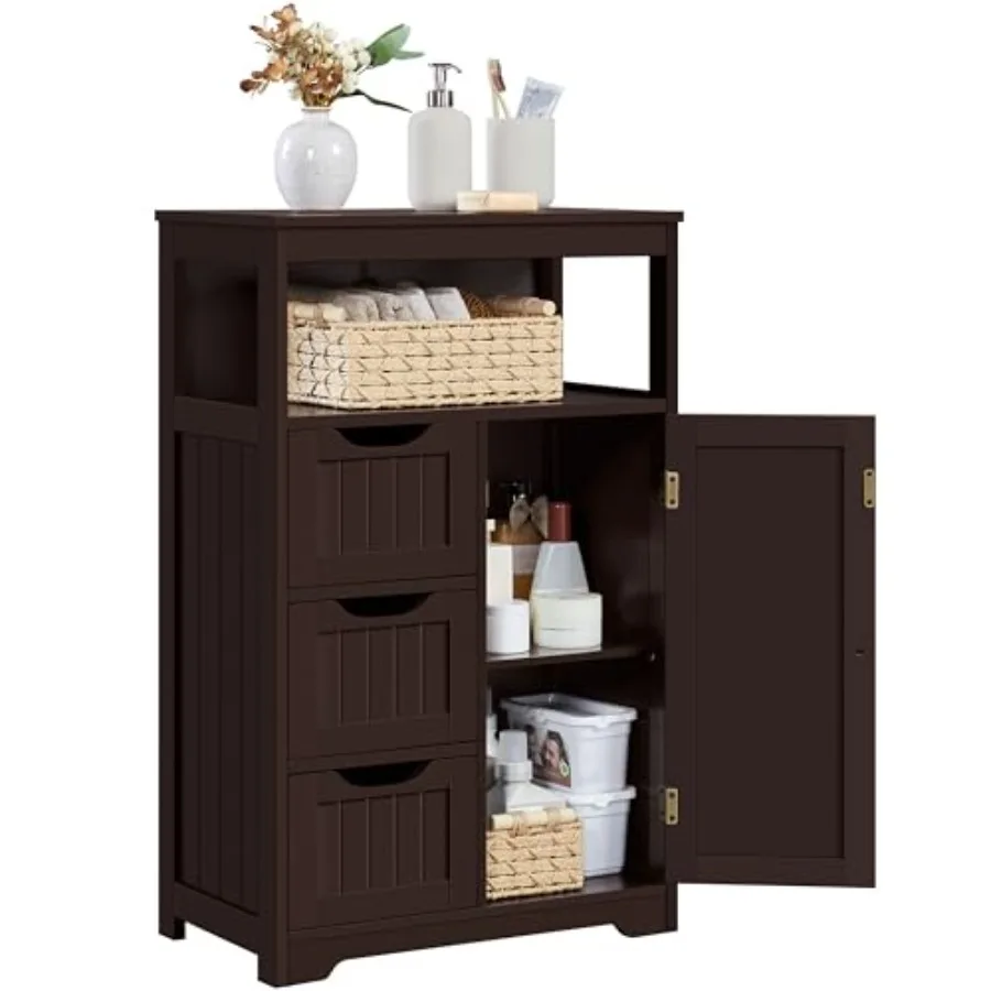 

Wood Bathroom Floor Cabinet with 3 Drawers and1 Cupboard, Free Standing Storage Organizer Hallway Entryway Cabinet for Living R