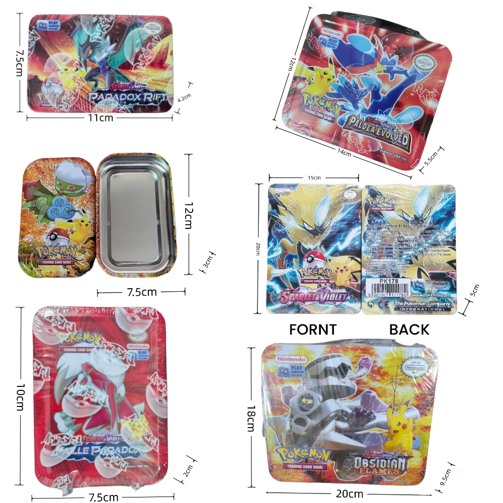 41/42/48/68/118/210 pçs caixa de metal ferro pokemon cartas de negociação jogo branco flare pikachu jogo anime cartões bancários para crianças presente