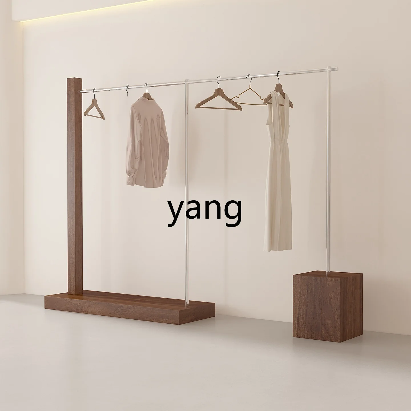 LMM women's clothing store stainless steel with walnut display shelves floor-to-ceiling hangers