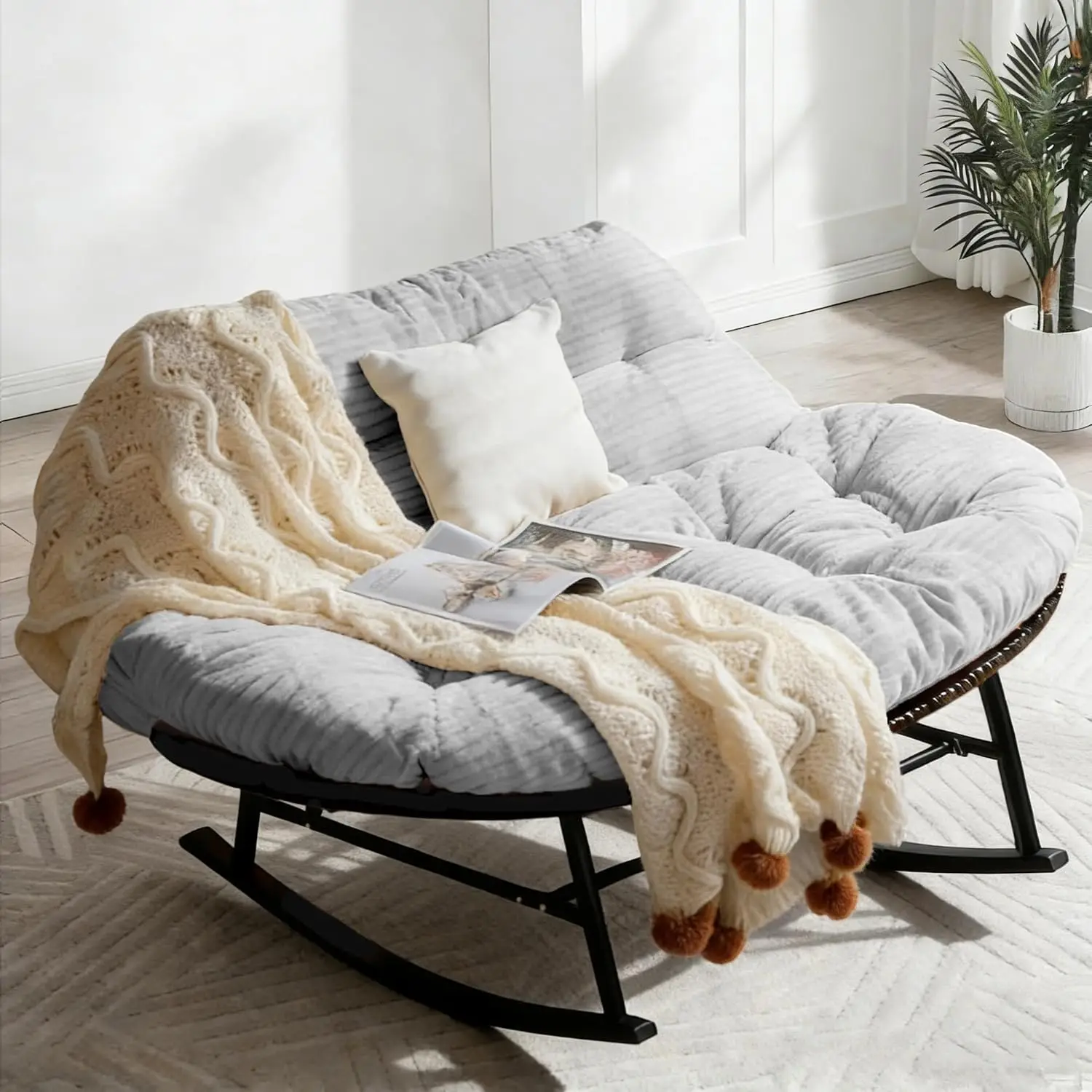 Übergroßer Doppel-Rattan-Schaukelstuhl Ei-förmiges Loveseat mit Dicker Polsterung für Terrasse, Garten und Hinterhof, Individuell Anpassbar