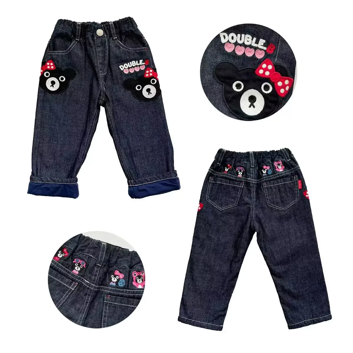 

High Quality Girls Lyocell Jeans Bear Autumn Winter Pants Cotton Lined Comfortable Moisture-Wicking Denim trousers 90-150