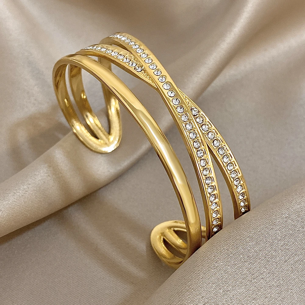 

Freetry Luxury Zircon Stainless Steel Chunky Opening Bangle for Women Multilayer Cross Hollow Wide Cuff Bracelet Jewelry Gift