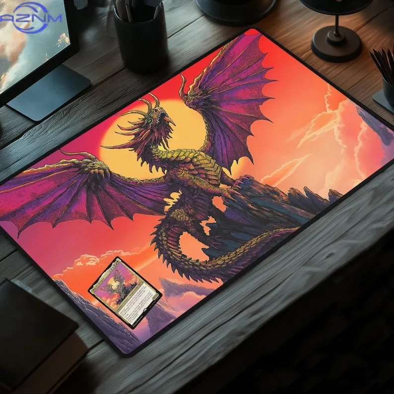 Sunset Ancient Dragon TCG Playmat, Fantasy Red‑Sky Dragon Non‑Slip Trading Card Game Desk Mat