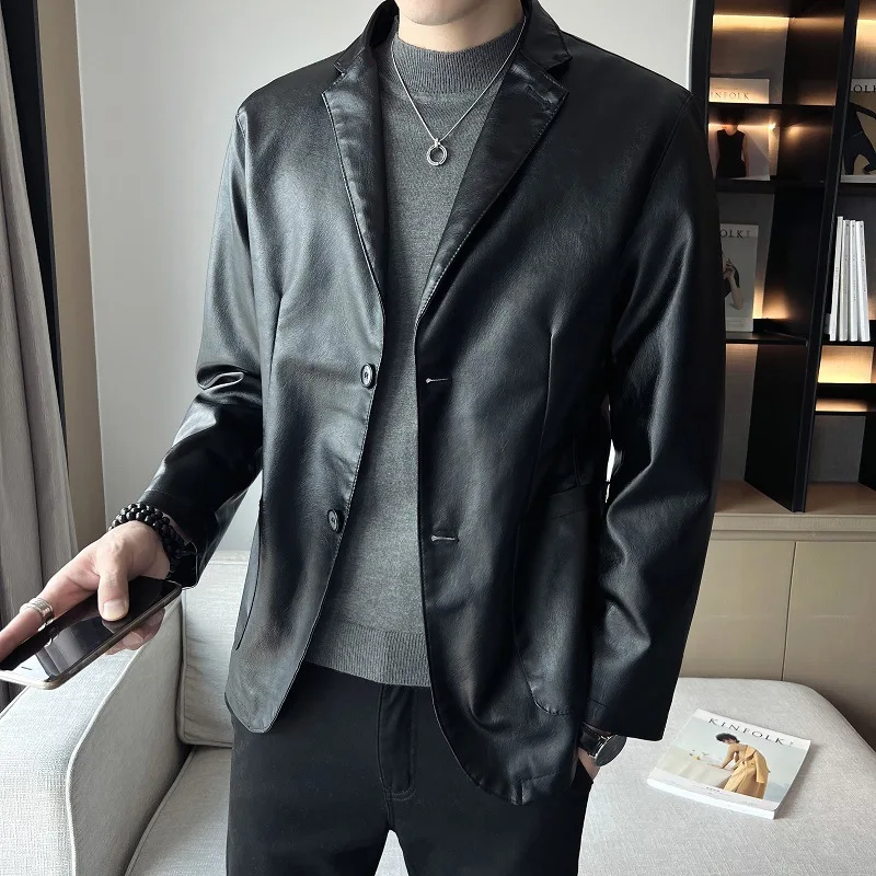 New men's slim fit leather jacket, business fashion, high-quality suit jacket, single Western Korean style  motorcycle jacket