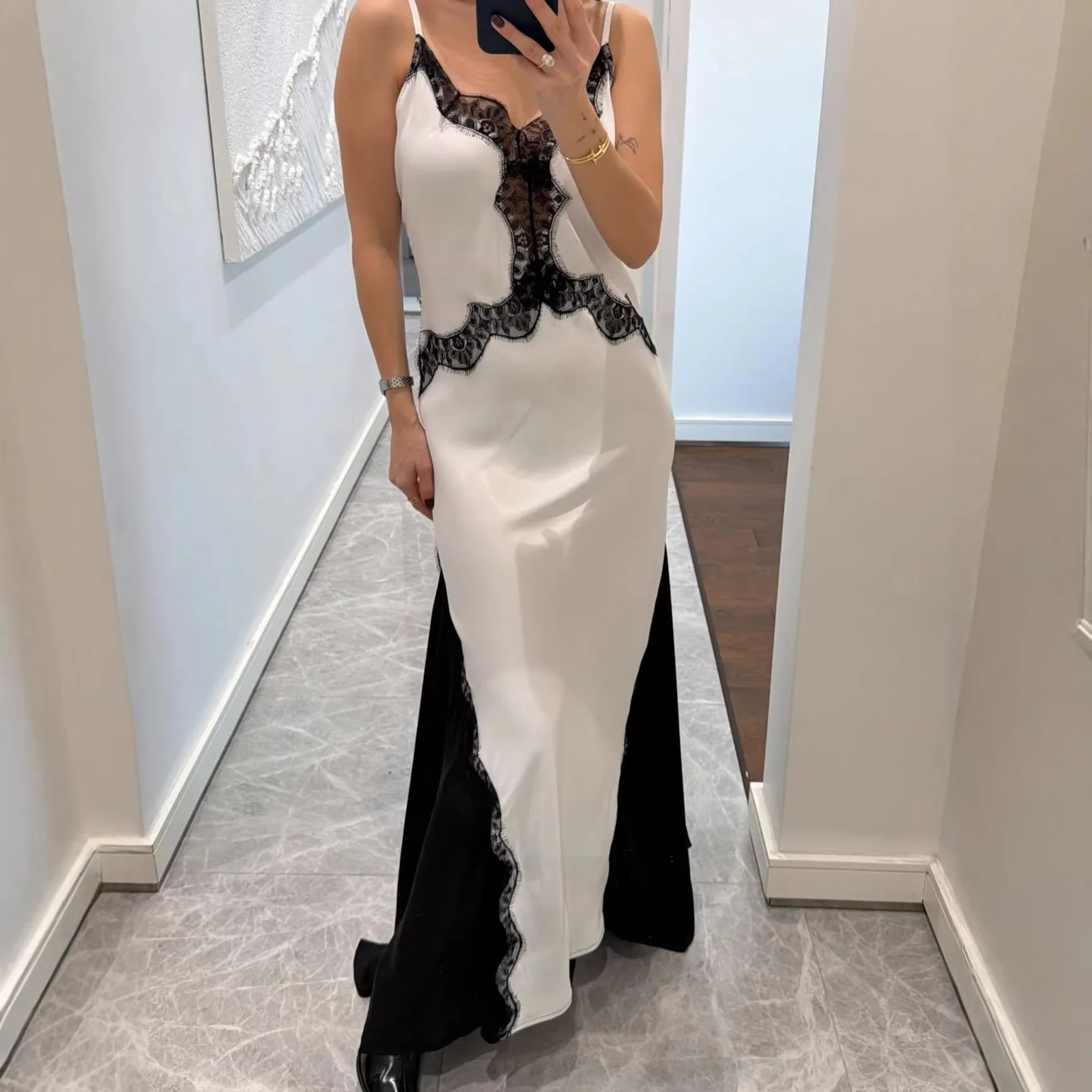 

Women's New Fashion Sexy Suspender Long Skirt Lace Splicing Hollow Waist Satin European and American Dress for Women