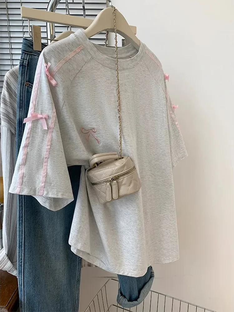 

Sweet Sle Embroidered Knot ort Sve round Ne T-irt Women's Loose Lazy Faionable Top for Summer