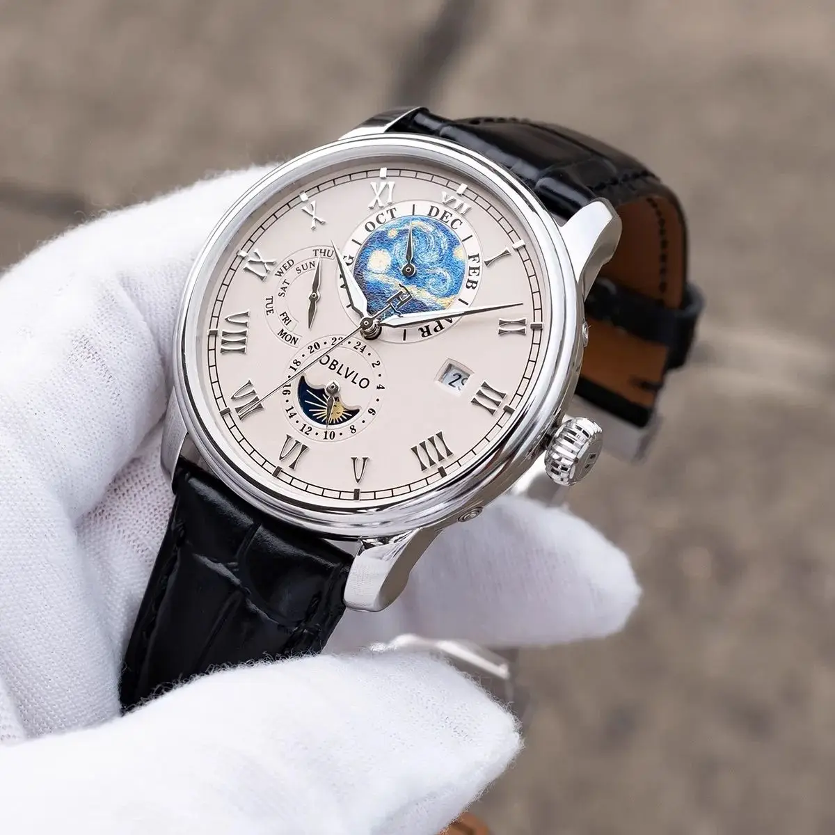 OBLVLO ساعة أوتوماتيكية للرجال 42 ملم ساعة يد ميكانيكية عتيقة 5ATM مضيئة متعددة الطلب شهر، أسبوع، تاريخ، 24 ساعة TY1653
