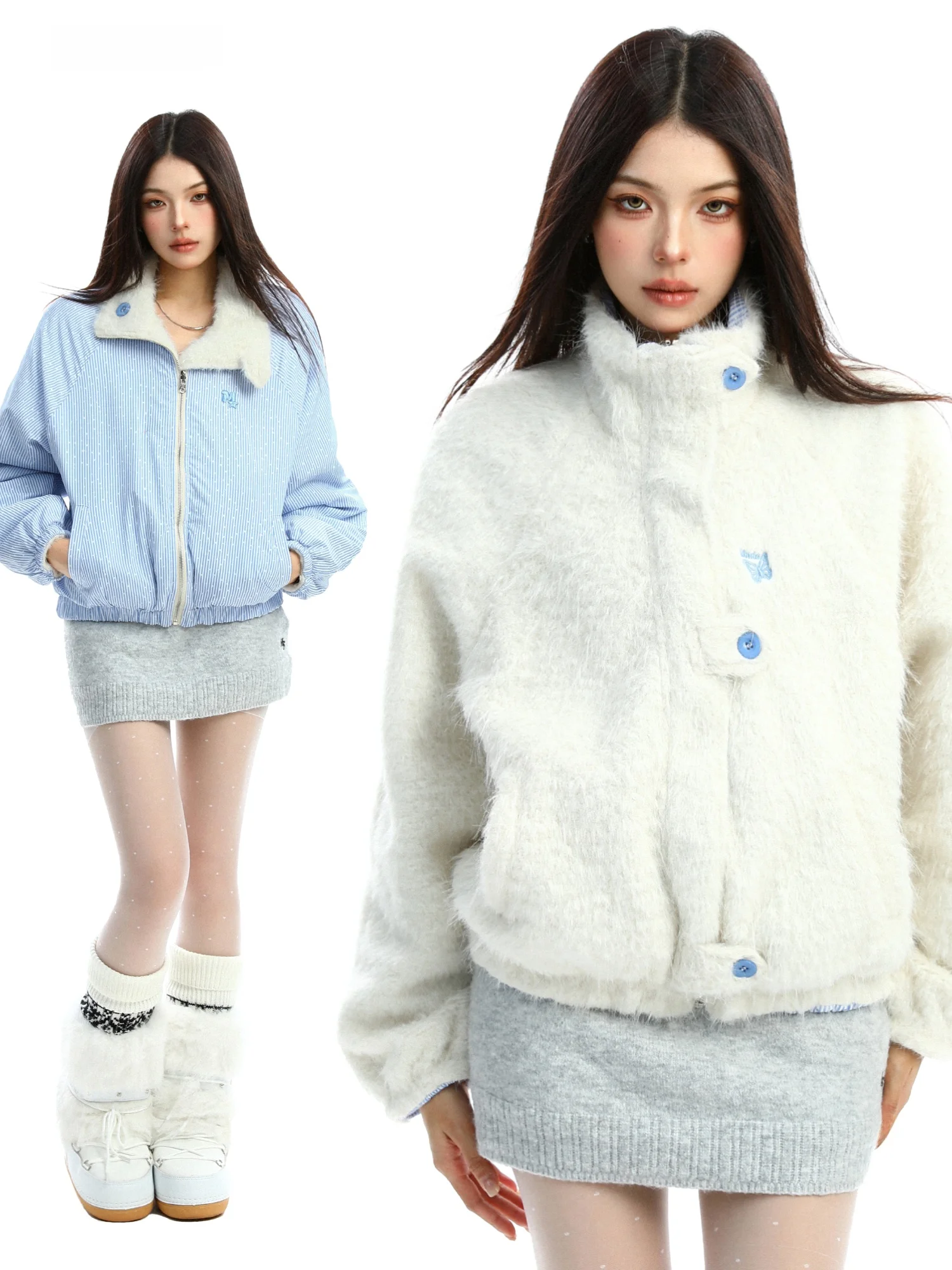 

Двусторонняя женская зимняя куртка из овечьей шерсти с воротником-стойкой, в горошек и полоску, свободного кроя, для повседневной носки, простой дизайн