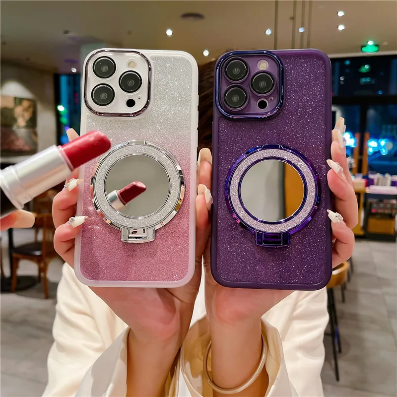 Lens Full Protect Glitter Magnetic Phone Holder Mirror Case for iPhone 15 Pro 14 Plus XR 13 12 11 X XS 7 8 Plus Fashion Cover